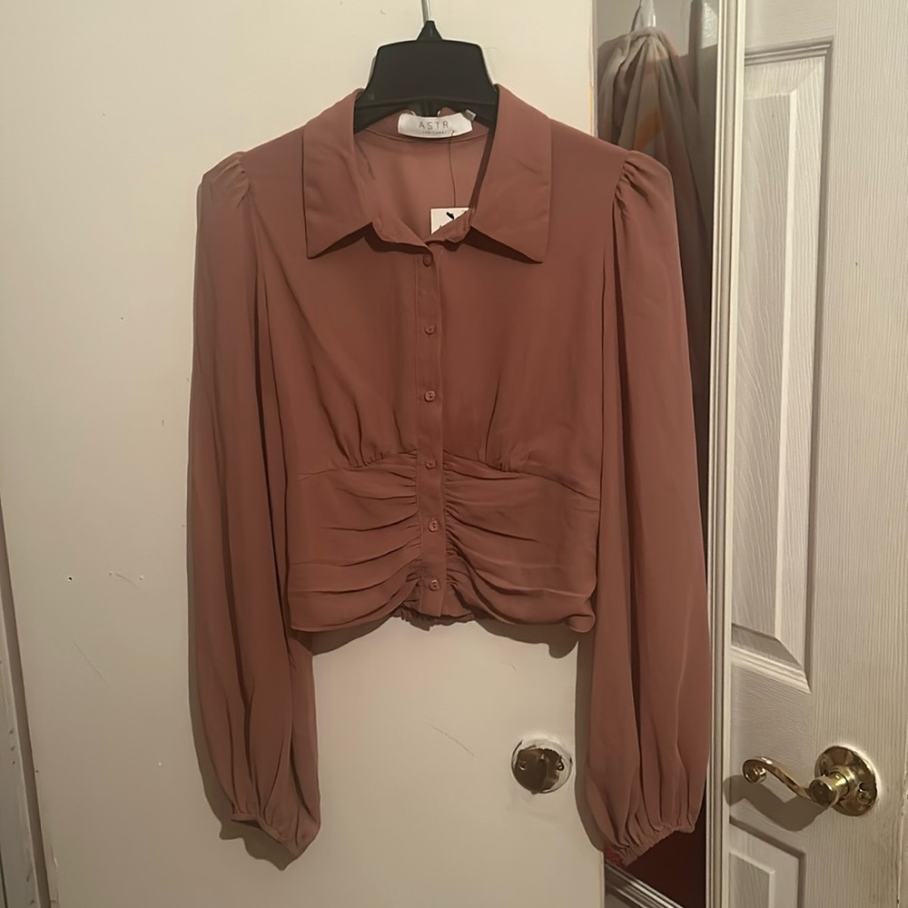 NWT, ASTR Size 8, sheer button up blouse. Rose/Mauve color. Synched waist.